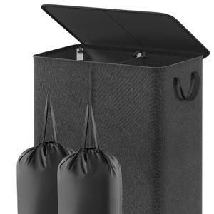 Lifewit Double Laundry Hamper with Lid and Removable Laundry Bags, Large Collapsible 2 Dividers Dirty Clothes Basket with Handles for Bedroom Laundry Room Closet Bathroom College, 155L Black