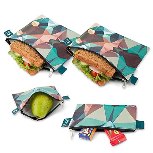 Nordic By Nature 4 Pack - Reusable Sandwich Bags Dishwasher Safe BPA Free - Durable Washable Quick Dry Cloth Baggies -Reusable Snack Bags For Kids School Lunches - Easy Open Zipper - (Mosaic Camo)