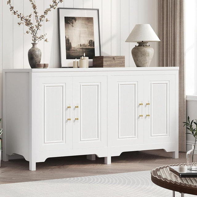 Jocoevol Buffet Cabinet with Storage, 55" Modern Farmhouse Sideboard Cabinet with Doors & Shelves, Kitchen Storage Cabinet for Kitchen Living Room,White
