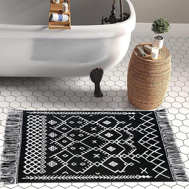 Upgraded Boho Bathroom Rug 2'x3', 100% Woven Boho Rug for Bedroom Black and White Bohemian Rug Bath Mat, Kitchen Rug Washable Cotton Small Throw Rug, Tassel Rug for Kitchen/Laundry/Doorway/Porch