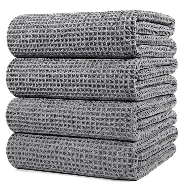 POLYTE Microfiber Oversize Quick Dry Lint Free Bath Towel, 60 x 30 in, 4 Pack (Beige, Waffle Weave)