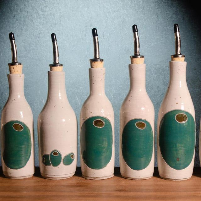 Olive Oil Cruet – Ceramic Oil Dispenser Bottle, Wheel-Thrown Cork Top Bottle, Stoneware Cruet, Salad Dressing Bottle, White Olive Oil Bottle