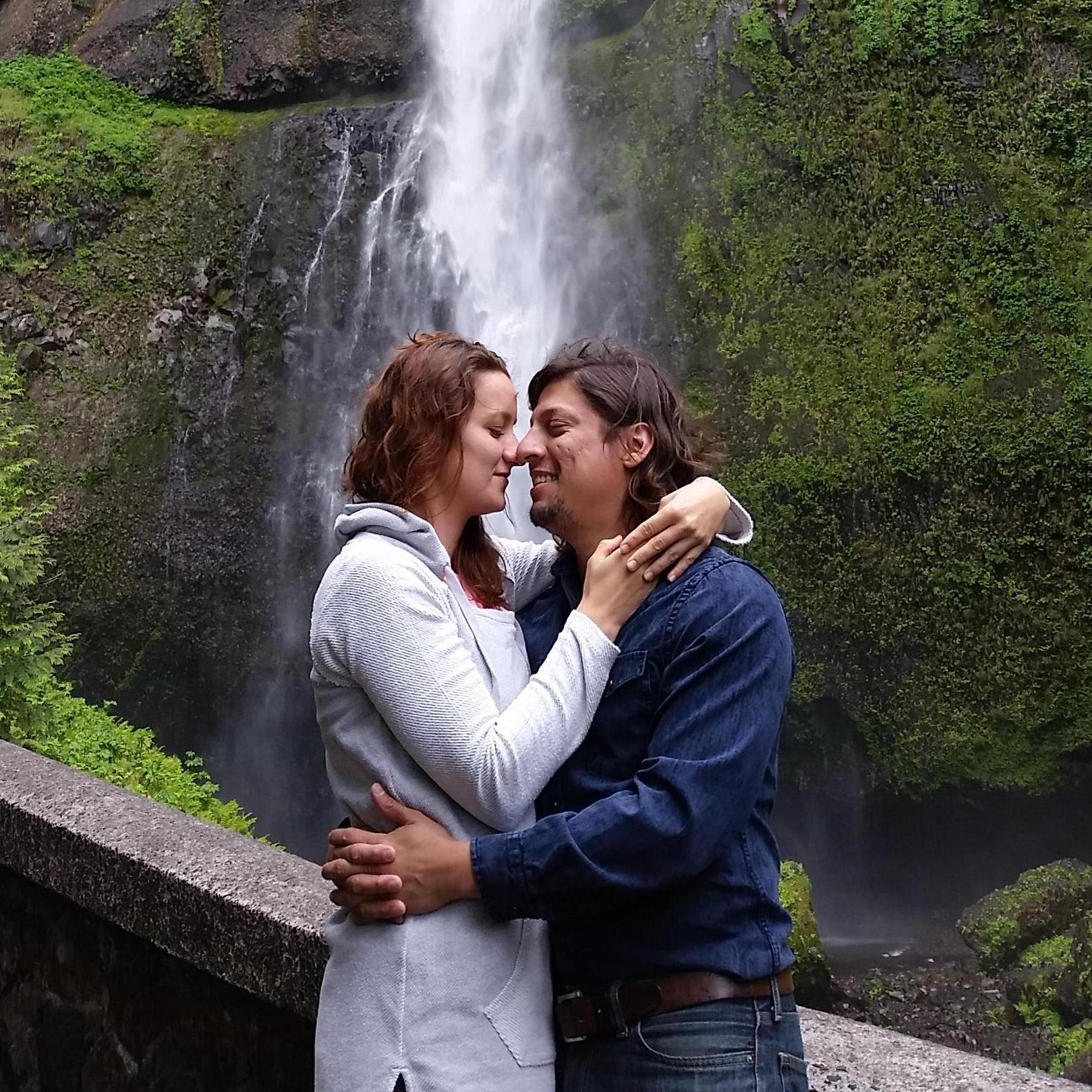Cuddles by Multnomah falls in Portland.