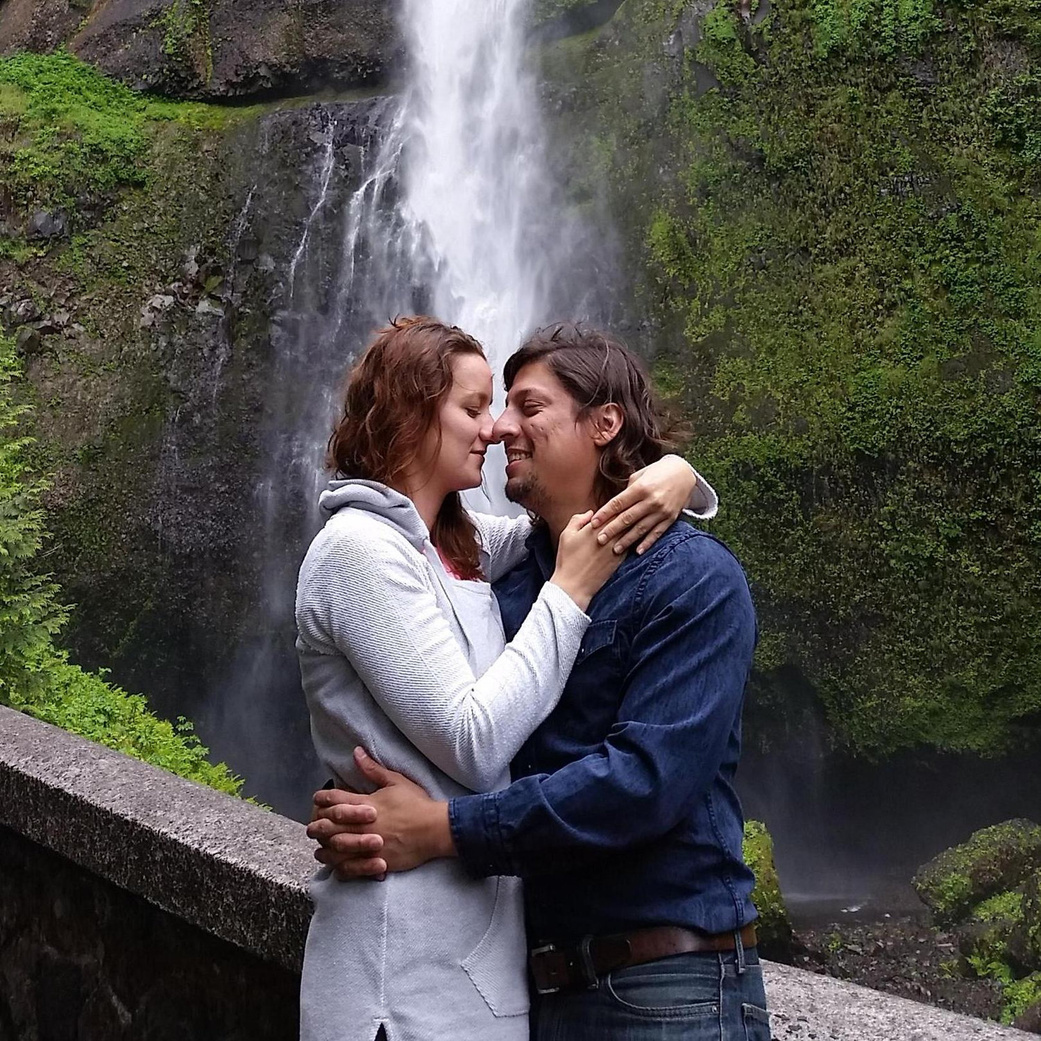 Cuddles by Multnomah falls in Portland.