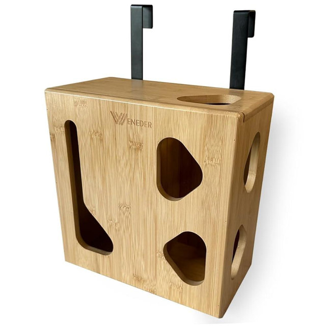 Trash Bag Dispenser & Grocery Bags Holder by Weneder - Bamboo 2 in 1 Kitchen Organizer for Garbage and Plastic Bags - Under Sink Storage, Over Cabinet Door and Wall Mounted - Wooden Home Organizers