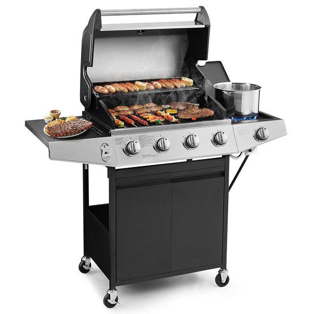 Lyromix 4 Burners Gas Grill with Side Burner, Propane Grill with Porcelain-Enameled Cast Iron Grates, Outdoor Gas BBQ for Patio and Party, 49200 BTU