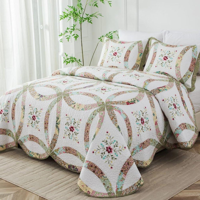 meadow park Cotton Real Patchwork Embroidery Quilt Set 3-Piece. 100% Washed Cotton. 461 Hand Cut Patches. Embroidery and Allover Quilting. Reversible Coverlet Set. (King)