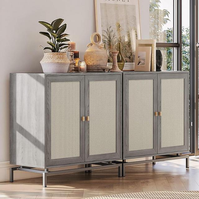 BELLEZE Set of 2 Sideboard Buffet Cabinet with Rattan Doors, Boho Buffet Table with Metal Base and Adjustable Shelves Accent Cabinet Credenza for Bedroom Hallway Living Room Office, Gray
