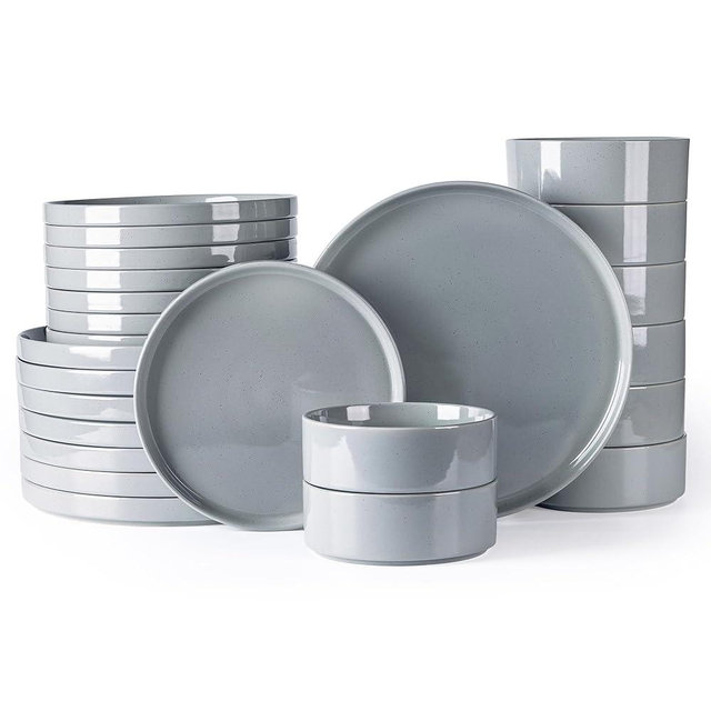 Dinnerware Set for 8, 24 Piece Speckled Plates and Bowls Set with Glazed Bottom, Chip & Scratch Resistant Stoneware Plates Sets, Dishwasher & Microwave Safe Dishes (Limestone, Service for 8)