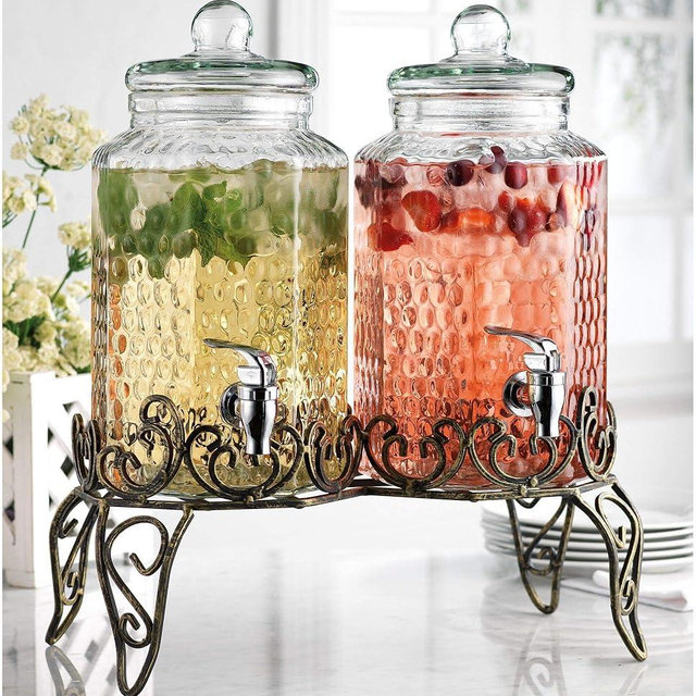 MosJos Drink Dispenser Set of 2 - Beverage Dispenser with Stand - Glass Drink Dispensers for Lemonade, Juice, Water, Iced Tea, Punch - 1-Gallon Countertop Party Drink Dispensers with Large Opening