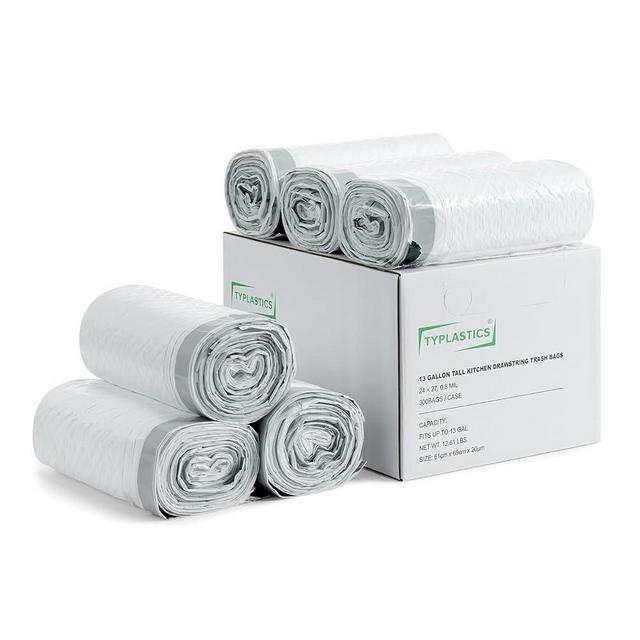 TYPLASTICS FleTex Tall Kitchen 13 Gallon Drawstring Trash Bags, 300 Bags, 24in x 27in, Unscented, White, Wholesale Pack