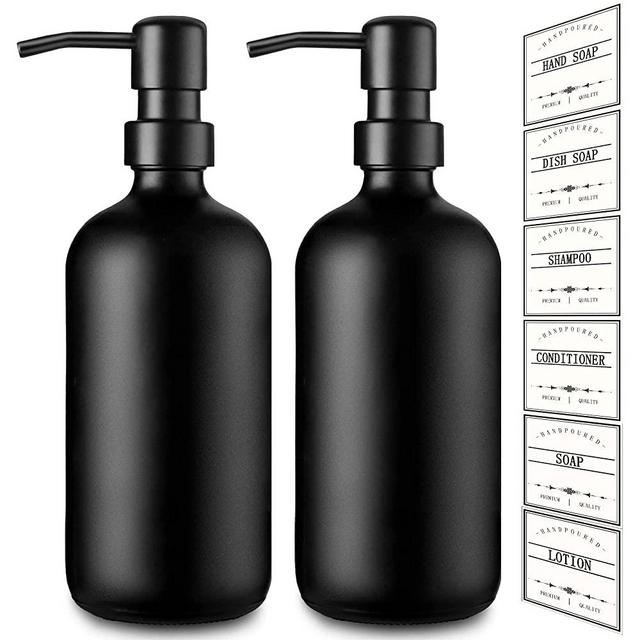GMISUN Black Soap Dispenser, 2 Pack Matte Glass Hand and Dish Soap Dispenser Set with Rustproof Matte Black Stainless Steel Pump, 16 Oz Refillable Liquid Lotion Pump Bottle for Bathroom and Kitchen