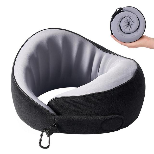 KPNEOL Travel Pillow, 100% Pure Memory Foam Travel Neck Pillow Airplane Neck Support Ergonomic Design for Traveling Suitable for Airplanes,Offices and Cars-Cooling Silk Black
