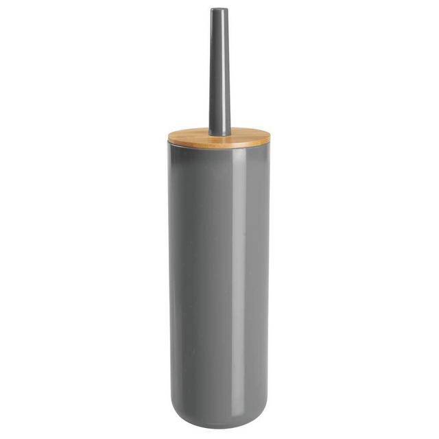 mDesign Plastic Toilet Bowl Brush/Bamboo Lid Cover - 2 Piece Set; Bathroom Storage Organizer Holder; Decor Bathroom Accessories - Natural/Charcoal Gray