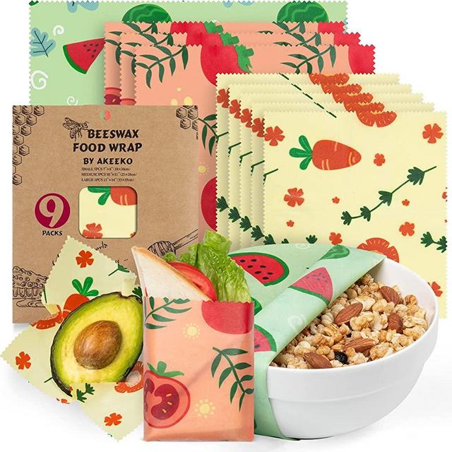 Reusable Food Wraps w/Beeswax Assorted 9 Packs - Eco-Friendly Reusable Wrap, Biodegradable, Zero Waste, Organic, Sustainable, Plastic-Free Food Storage, 1L Watermelon, 3M Tomato, 5S Carrot Patterns
