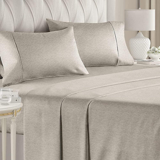 Full Size Sheet Set - Breathable & Cooling Sheets - Softer Than Jersey Cotton - Same Look as Jersey Knit Sheets & T-Shirt Sheets - Deep Pockets - 4 Piece Set - Wrinkle Free - Heathered Beige – 4PC