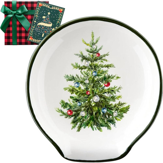 Tree Christmas Spoon Rest - Christmas Kitchen Decor, Green Pine Christmas Decorations Utensils Holder for Stove Top, 2024 Holiday Affordable Christmas Gifts w/Greeting Card - Ready Made Gift Boxes