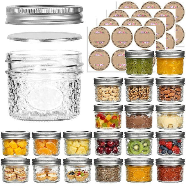 Yokodaza 4 oz Glass Jars with Lids, 20 Pack Small Mason Jars with Airtight Silver Lids, Vintage Label Stickers, Mini Canning Jars in Diamond Texture for Spices, Jams, Honey, DIY Crafts, Wedding Favors