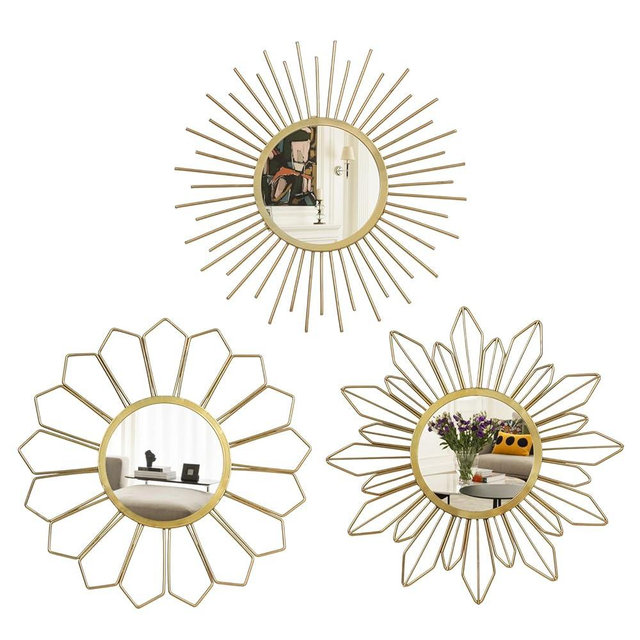 hogardeck Metal Mirrors Wall Decor - 3 Pcs 11" Metal Sunburst Flower Wall Mirrors Home Décor, Decorative Hanging Wall Art for Living Room, Bedroom, Kitchen, Bathroom, Entryway