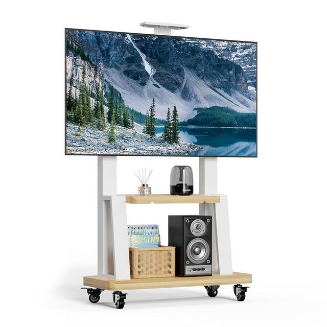 Mobile TV Stand Rolling TV Cart with Wheels for 32-75 Inch Flat/Curved Led/LCD/OLED Portable Floor TV Stand with Shelf, Height Adjustable Heavy-Duty Holds up to 180lbs,Max VESA 600 * 400mm (White)