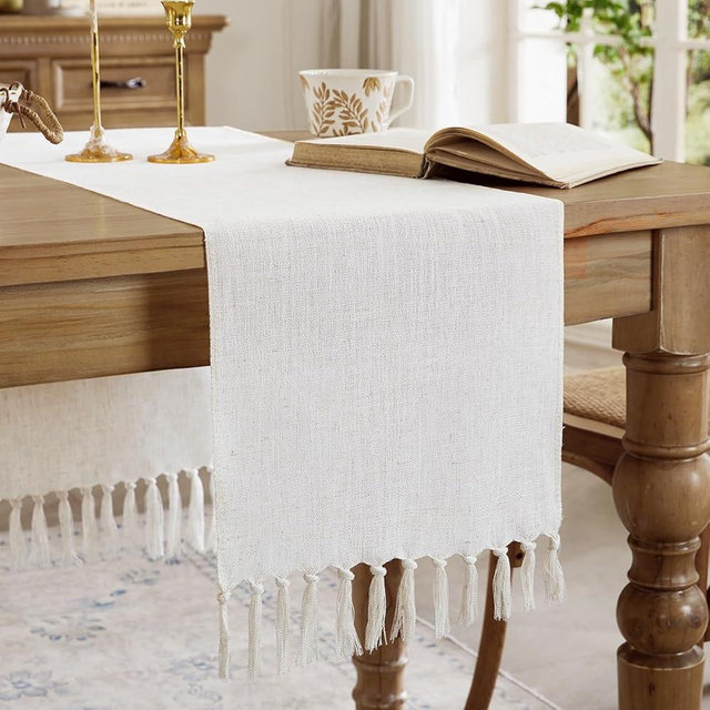 Aoztio Linen Style Rustic Table Runner, Farmhouse Cotton Linen Table Runner, Boho Table Runners 72 Inches Long with Hand Tassels for Home Tabletop Decor and Everyday Use - Off White, 72 Inch