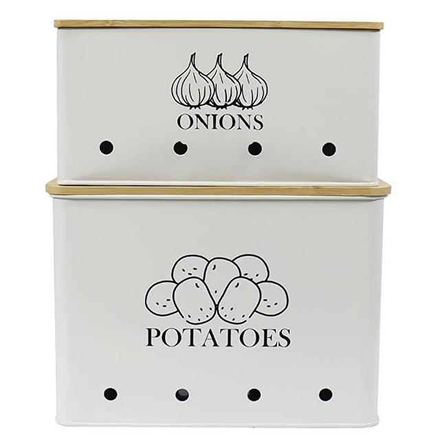 Potato Onion Kitchen Storage Canisters,Storage Bin For Kitchen 2 Pack Set,potatoe, Potato Storage Box，storage And Long Shelf Life With Aerating Tin Storage Holes-white