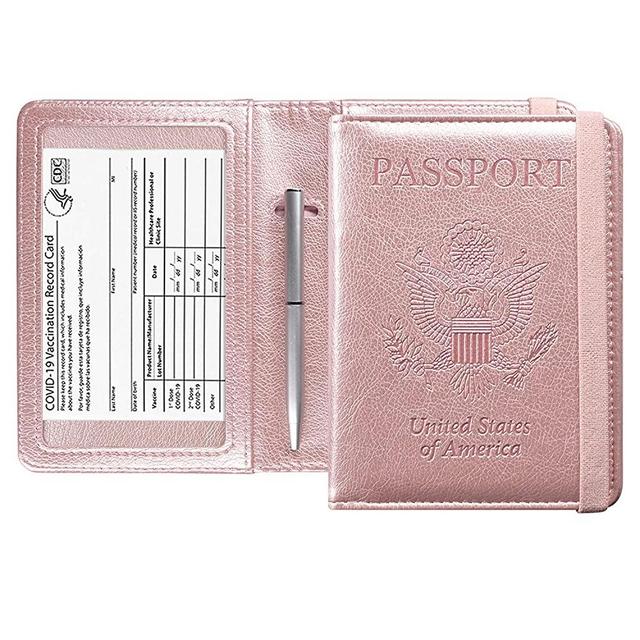 ACdream Passport and Vaccine Card Holder Combo, Cover Case with CDC Vaccination Card Slot, Leather Travel Documents Organizer Protector, with RFID Blocking, for Women and Men - Rose Gold