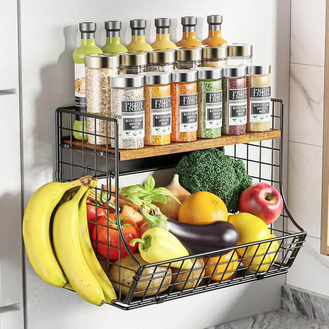 HIPLIYS Magnetic Shelf for Fridge with Wood Lid, Fruit Potato and Onion Storage Bins, Pantry Organizers and Storage, Strong Magnetic Spice Rack for Refrigerator, Kitchen Counter and Laundry Room