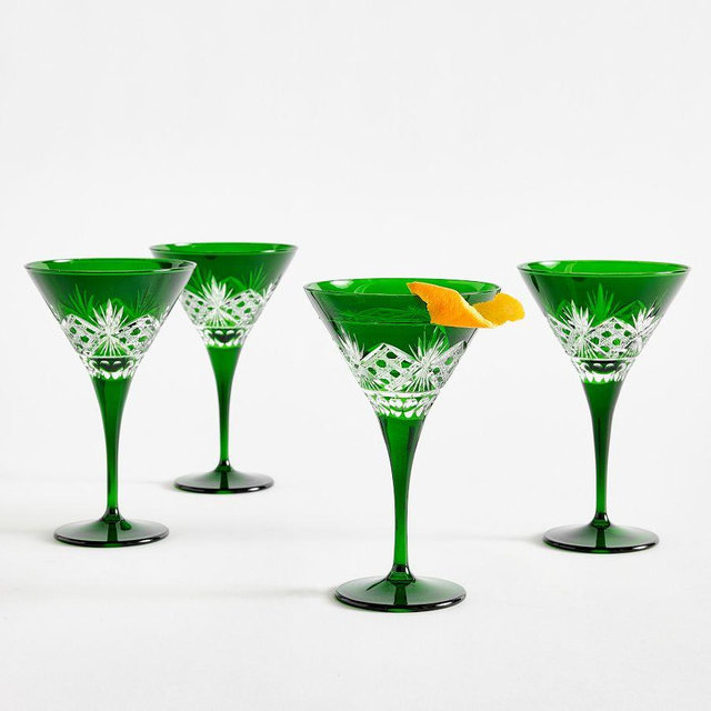 Antique Cut Martini Glasses, Set of 4 - Green