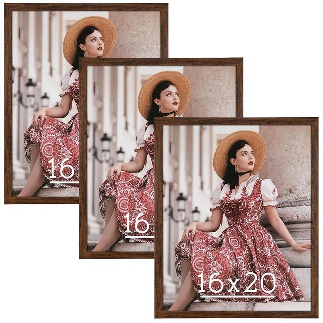 HLiWEGNS Dark Brown 16x20 Frame Set of 3 - Rustic Woodgrain 16 x 20 Poster Frame with Plexiglass for Wall Gallery Display, 16x20 Picture Frame for Puzzles, Artwork, Photos and Posters - Ideal Christmas Day