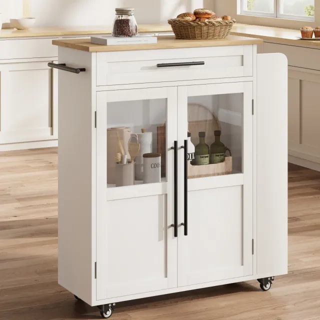 Mobile Kitchen Island Cart with 360° Rolling Wheels, Drawers, Spice Rack, Black Handle, Versatile Storage & Serving Cart for Kitchen, Dining Room