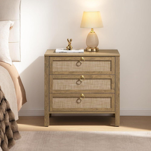 SICOTAS Night Stand with Drawers, Large Rattan Bedside Table with Golden Handle, 3 Drawers Nightstand Tall Side Table Boho Nightstand for Bedroom