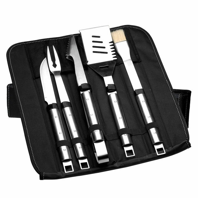 BergHoff Essentials 1108187 Barbecue Set 6 Pieces (Barbecue Tool with Folding Bag, BBQ Set Including Grill Fork, Knife, Marinating Brush, Tongs, Spatula, Gift Idea for Men/Barbecue)