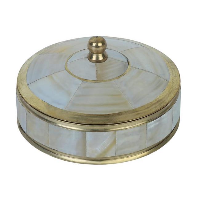 HANDTECHINDIA Vintage Round Hand Painted Decorative Jewelry Trinket Box Unique Gift For Home Décor Antique Metal Case with Mother of Pearl Sindoor Box/Coin Box for Women and Home Décor