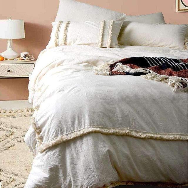 Flber outlet Frayed Edge Duvet Cover Queen Boho Geometric Cotton Biege Bedding Cover,96"x104" (Full/Queen)