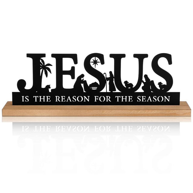 Pinkunn Metal Nativity Sets for Christmas Decorations Black Metal Nativity Scene with Wooden Base for Christmas Xmas Home Indoor Office Kitchen Table Shelf Mantel Tabletop Decor(Jesus)