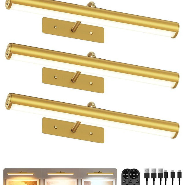 EZVALO 16" Picture Lights for Wall, Rechargeable 6000mAh Painting Lights with Remote, Wireless Dimmable 3 Color Temperatures Art Lights for Gallery, Living Room, Hallway (Gold, 3 Pack)