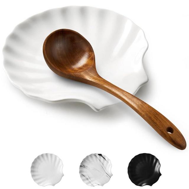 ABRUTY Spoon Rest for Stove Top, Ceramic Spoon Holder for Counter, Modern Farmhouse Decor Accessories for Spatula,Spoons (A-White, Shell-Shape)