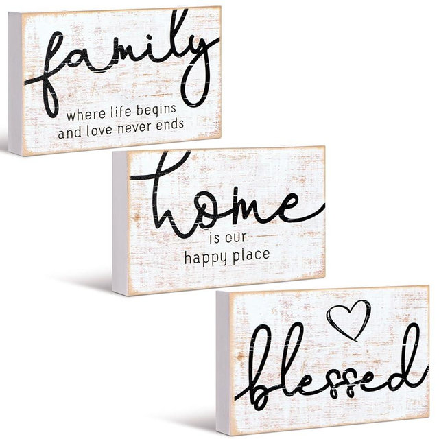 Jetec 3 Pcs Family Home Blessed Rustic Wood Sign Mini Wood Decorative Farmhouse Woodworks Table Shelves Decorations Sign for Bedroom Kitchen Living Room Table Decor(Retro Color,4.25 x 2.76 x 0.59 in)