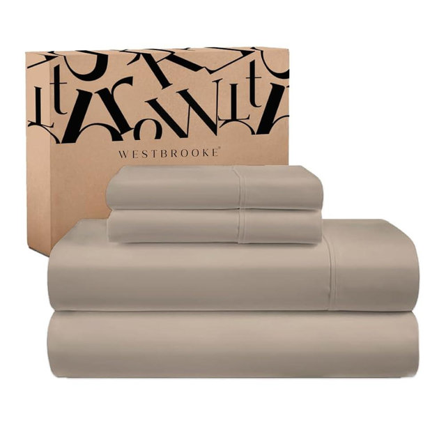 Westbrooke Lush Sateen 100% Cotton Sheet Set | California King Size Sateen Sheets- 4 Piece Long Staple Cotton Bedding Set with Elasticized 15.5" Deep Pocket- Soft, Breathable Luxury Sheet- Light Beige