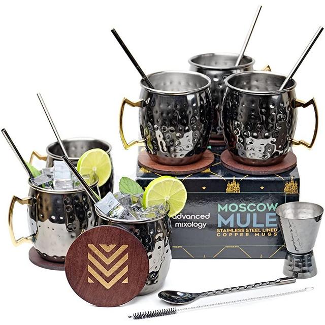 Advanced Mixology Stainless Steel Moscow Mule Cups Set of 6 (18oz), Chrome Black Gunmetal Finish w/ 6 Straws, 6 Coasters, 1 Jigger, 1 Spoon & 1 Brush | Heavy Duty Moscow Mule Mugs w/ No Lining