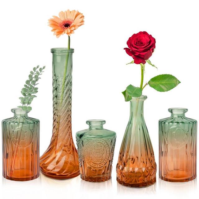 Vicfoies Vintage Glass Bud Vases, Set of 5 – Gradient Green Small Flower Vases for Wedding, Party, and Home Decoration