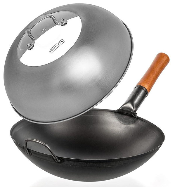 YOSUKATA Black Carbon Steel Wok Pan 14“ (Round Bottom) + Wok Lid 13.6 Inch - Premium Stainless Wok Cover with Tempered Glass Insert Steam Holes and Ergonomic Handle