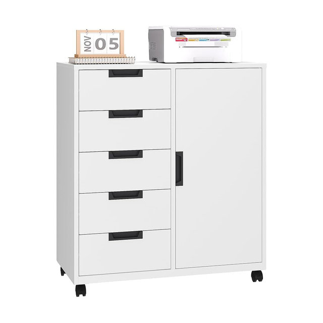 LISSIMO 5-Drawer Metal Storage Cabinet with Adjustable Shelves and Wheels, Printer Stand with Storage, Craft Organizers and Storage Drawers, Rolling File Cabinets for Home Office(White)