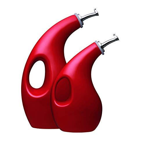 Rachael Ray 53253 Solid Glaze Ceramics EVOO Olive Oil Bottle Dispenser with Spout Set, 2 Piece, Red