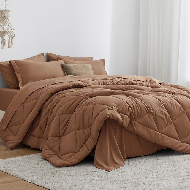 Love's cabin Queen Comforter Set Mocha Mousse, 7 Pieces Queen Bed in a Bag, All Season Bedding Sets with 1 Comforter, 1 Flat Sheet, 1 Fitted Sheet, 2 Pillowcase and 2 Pillow Sham