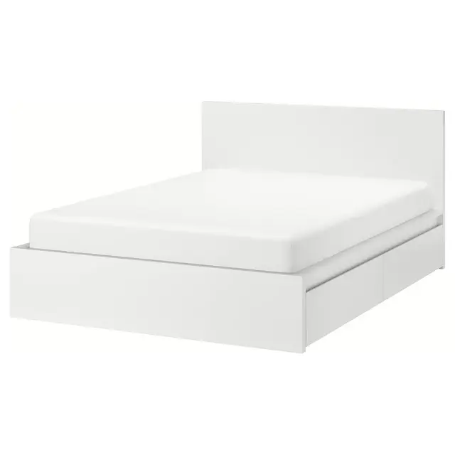 MALMHigh bed frame/4 storage boxes, whiteKing