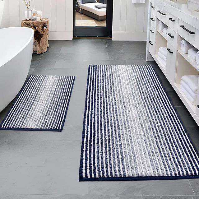Bathroom Rugs and Mats Sets, 2 Piece Thick Absorbent Chenille Bath Mat Rug Set Non Slip, Soft Shaggy Bath Room Floor Mats for Bathroom, Machine Washable (20" x 47" Plus 16" x 24", Navy)