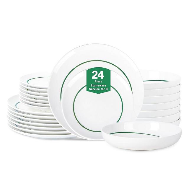 Stone Lain Luna 24-Piece Porcelain Dinnerware Set, Plates and Bowls Set, Dish Set for 8, Green