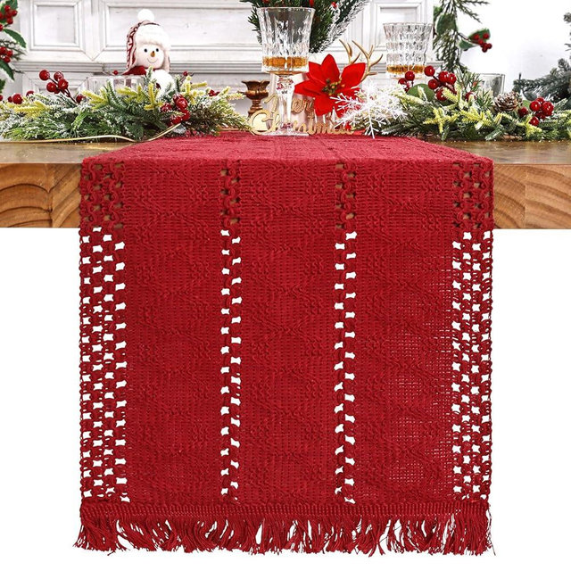 Alynsehom Macrame Table Runner Christmas Red Boho Table Runners with Tassels Hand Woven Cotton Table Runner Rustic Farmhouse Table Runners for Xmas Kitchen Dining Table(12x71in)